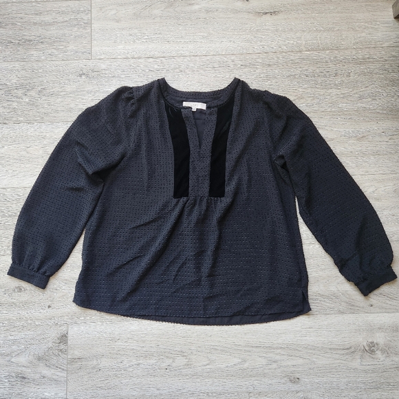 LOFT Tops - Loft Black Swiss Dot Shirt Womens Large Velvet Trim Long Sleeve Top